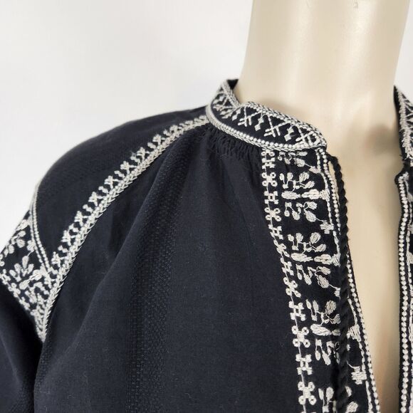 Madewell Camelia Boho Tunic Top XS Black White Cotton Embroidered Tassels V-Neck - Picture 5 of 8